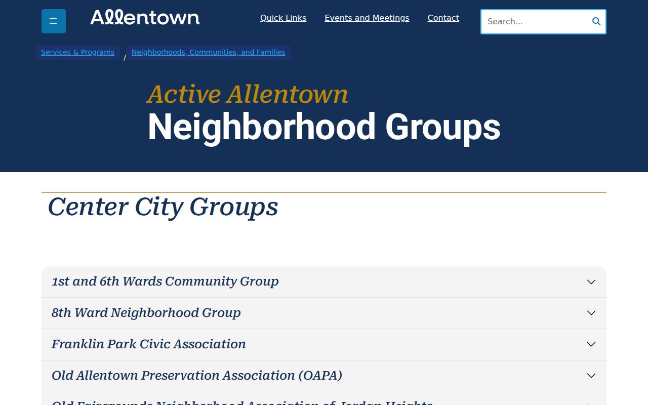 Lehigh County neighbors reference for Allentown neighborhood groups and civic areas