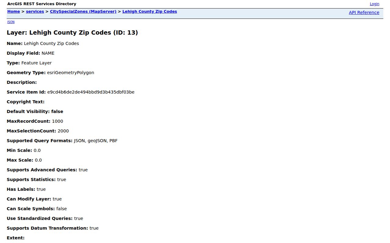 Lehigh County ZIP code directory view of the Allentown GIS ZIP layer