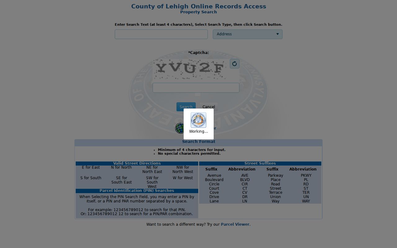 Lehigh County residents directory Property Search screen for address and parcel research