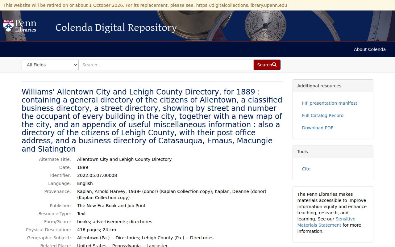 Lehigh County city directory 1889 Williams digitized collection